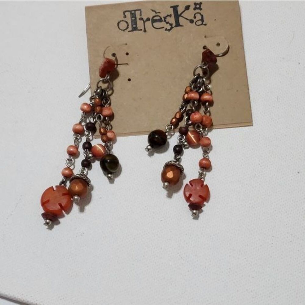 Treska Bohemian Beaded Dangle Earrings Orange Brown Wood Stone Chandelier New